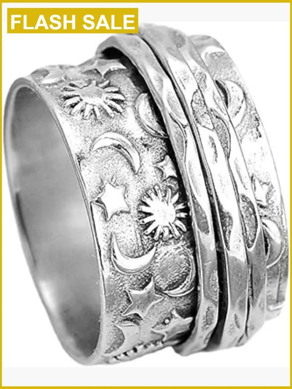 Hammered Sun Moon Star Spinner Ring Stainless Steel Statement Band